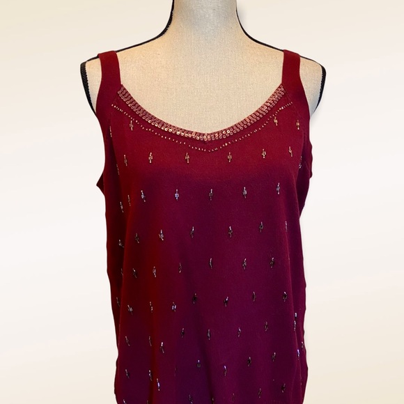 Lane Bryant Womens Wine Red Beaded Sequin Sparkle Knit Sleeveless Top 14 16 - Picture 2 of 9